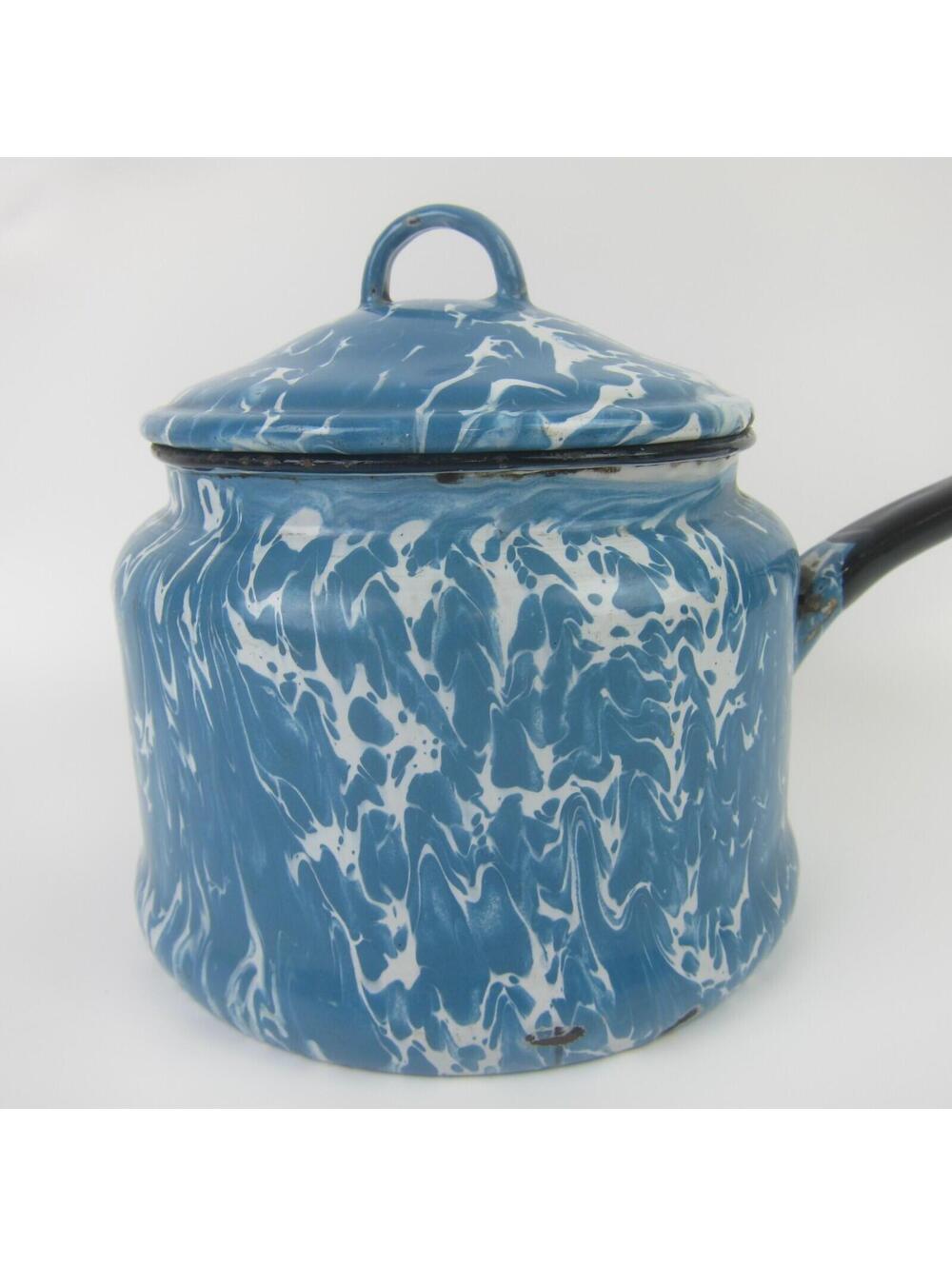 Antique Graniteware Enamelware Pot Blue & White Swirl with Lid Preserving Kettle - Picture 2 of 10